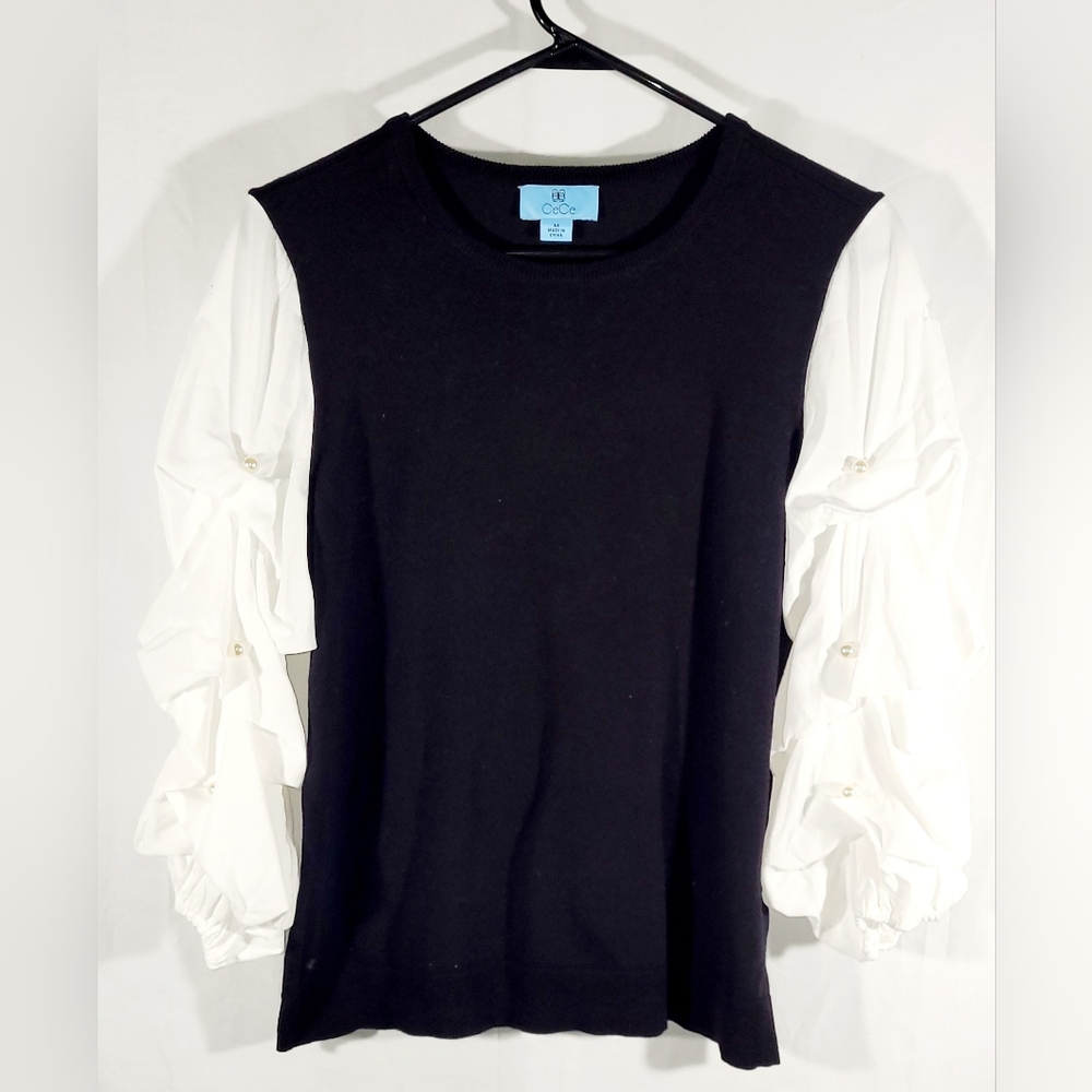 CeCe women's sweater with white pearl accented sleeves. Women's size medium.